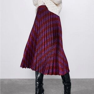 Zara Pleated A-Line Midi Skirt in Burgundy and Purple